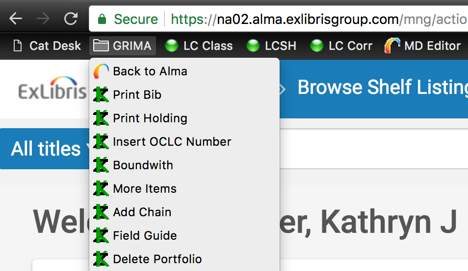 Screen shot of bookmarks open on an Alma page